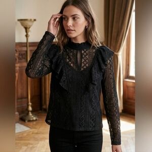 Lush Black Lace Ruffle Shoulder Blouse Long Sleeve Feminine Top Size S